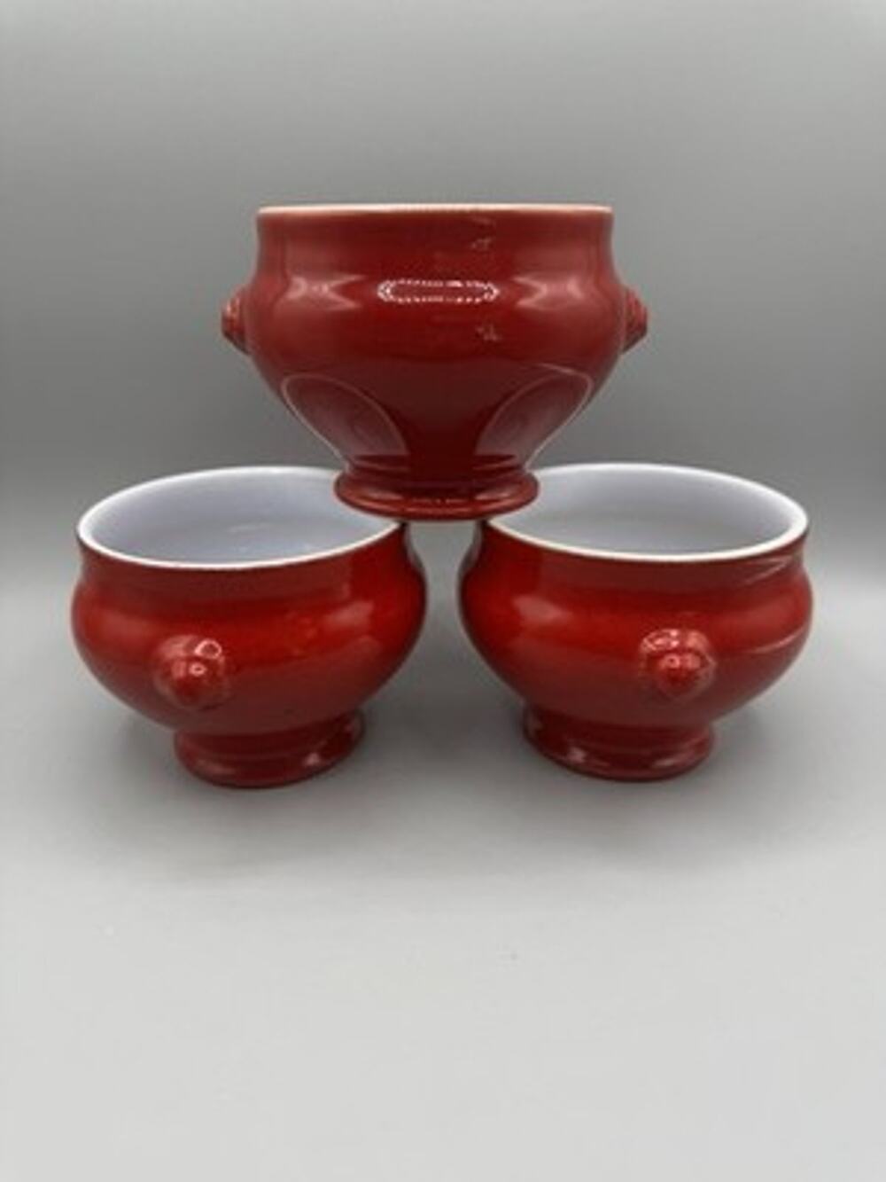 Set 3 Emile Henry Red White Lion Head Soup Stoneware 6600